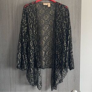 Soft Focus Sheer Cardigan - Black & Gold & Lace - Size Large